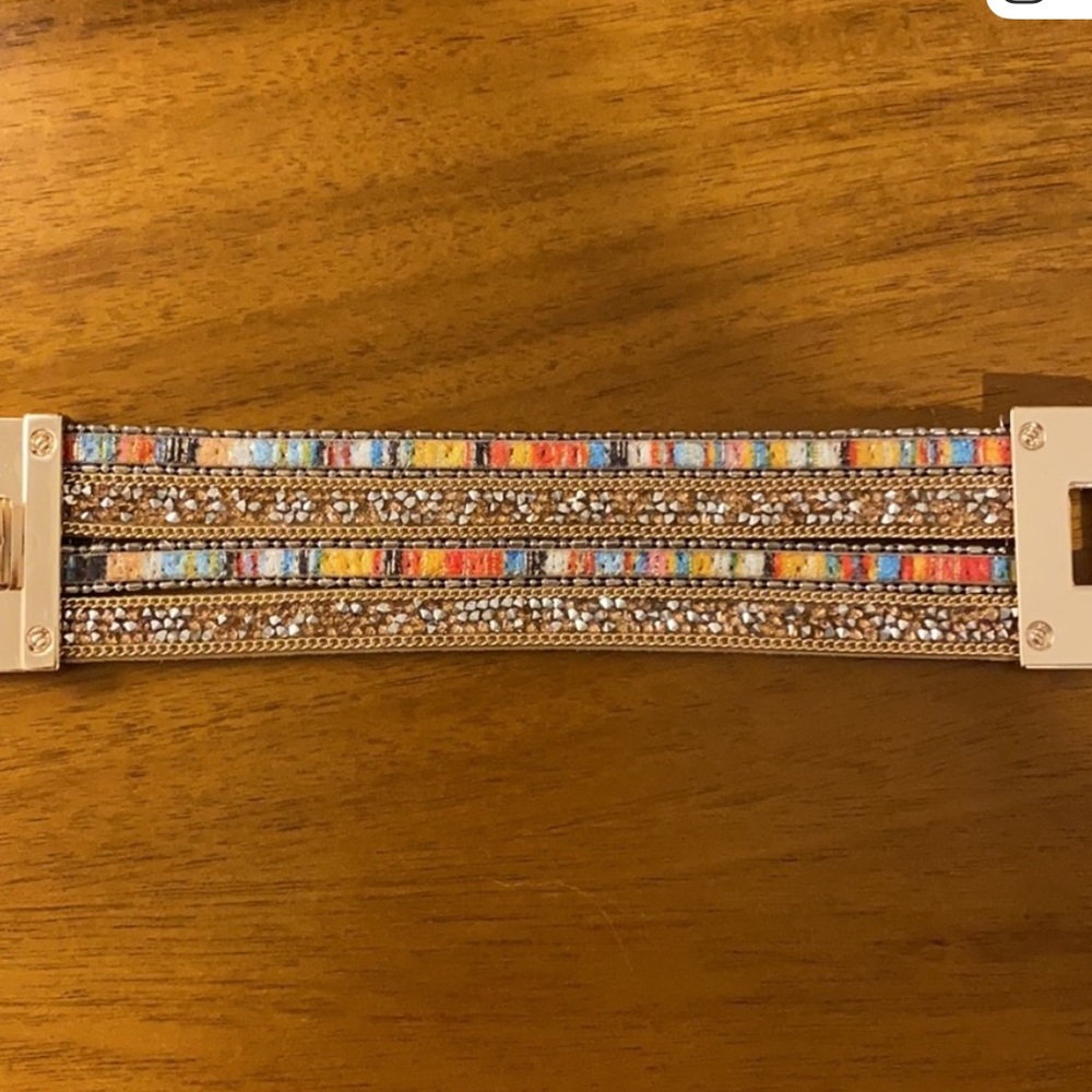 Gold metal and multi colored shimmering cuff bracelet